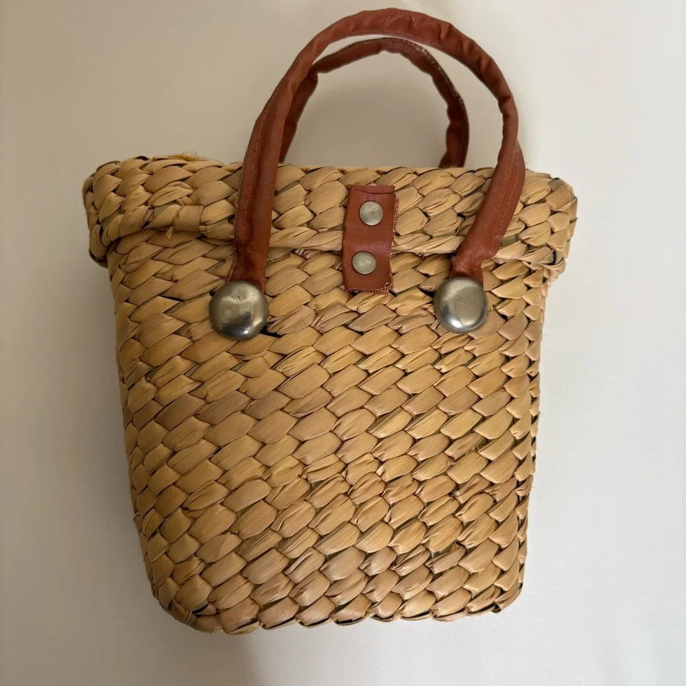 VINTAGE Mexican Tourista Hand Woven Straw Mini Bag Basket turn lock - Picture 7 of 10